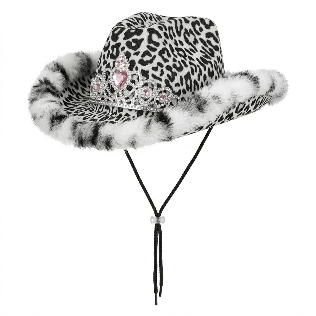 Leopard cowboy party hat side view faux fur trim UK Hopoye