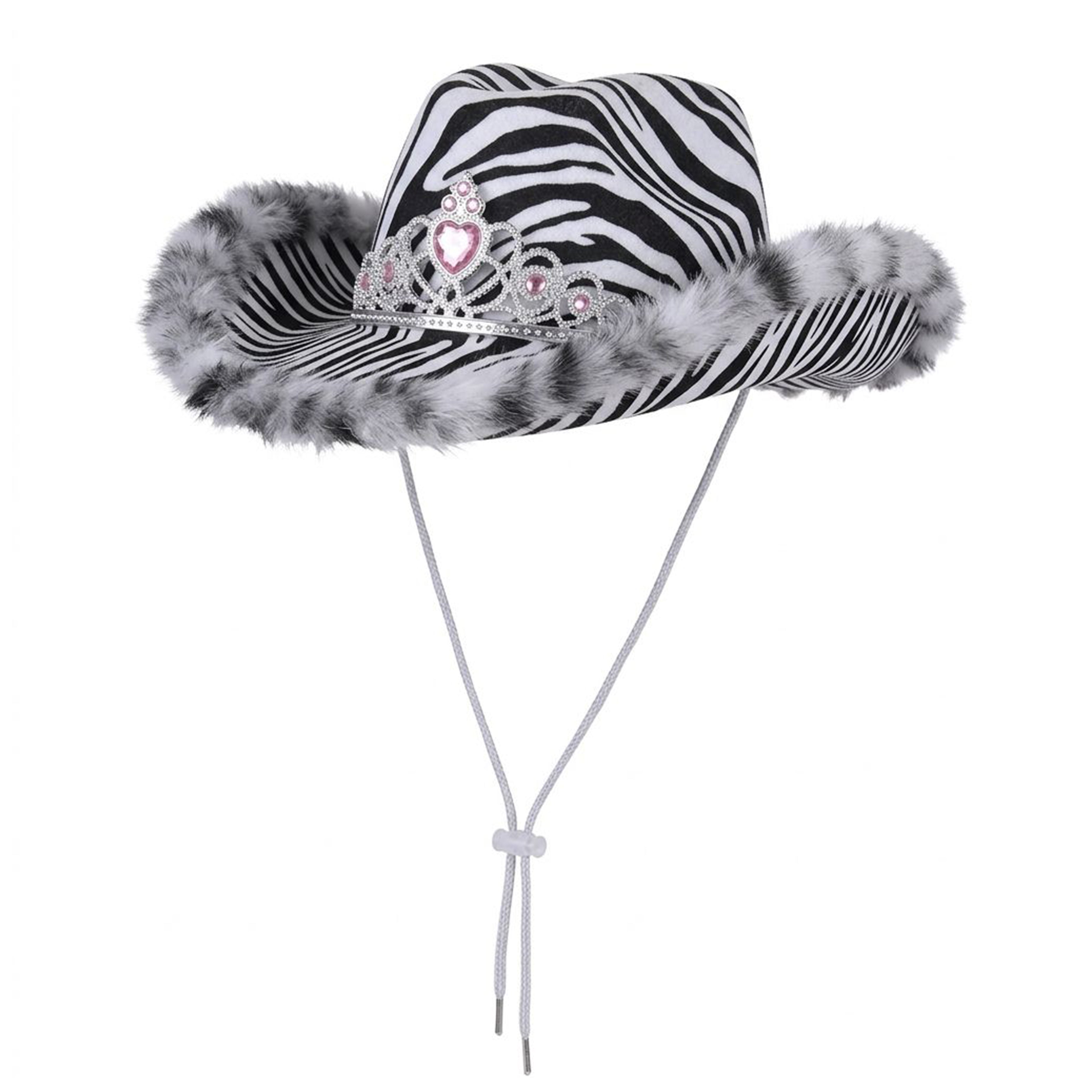 Zebra print party hat close up faux fur adjustable UK Hopoye