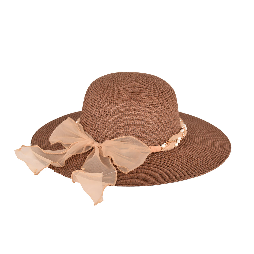 Ladies wide brim sun hat top view straw UV beaded UK Hopoye