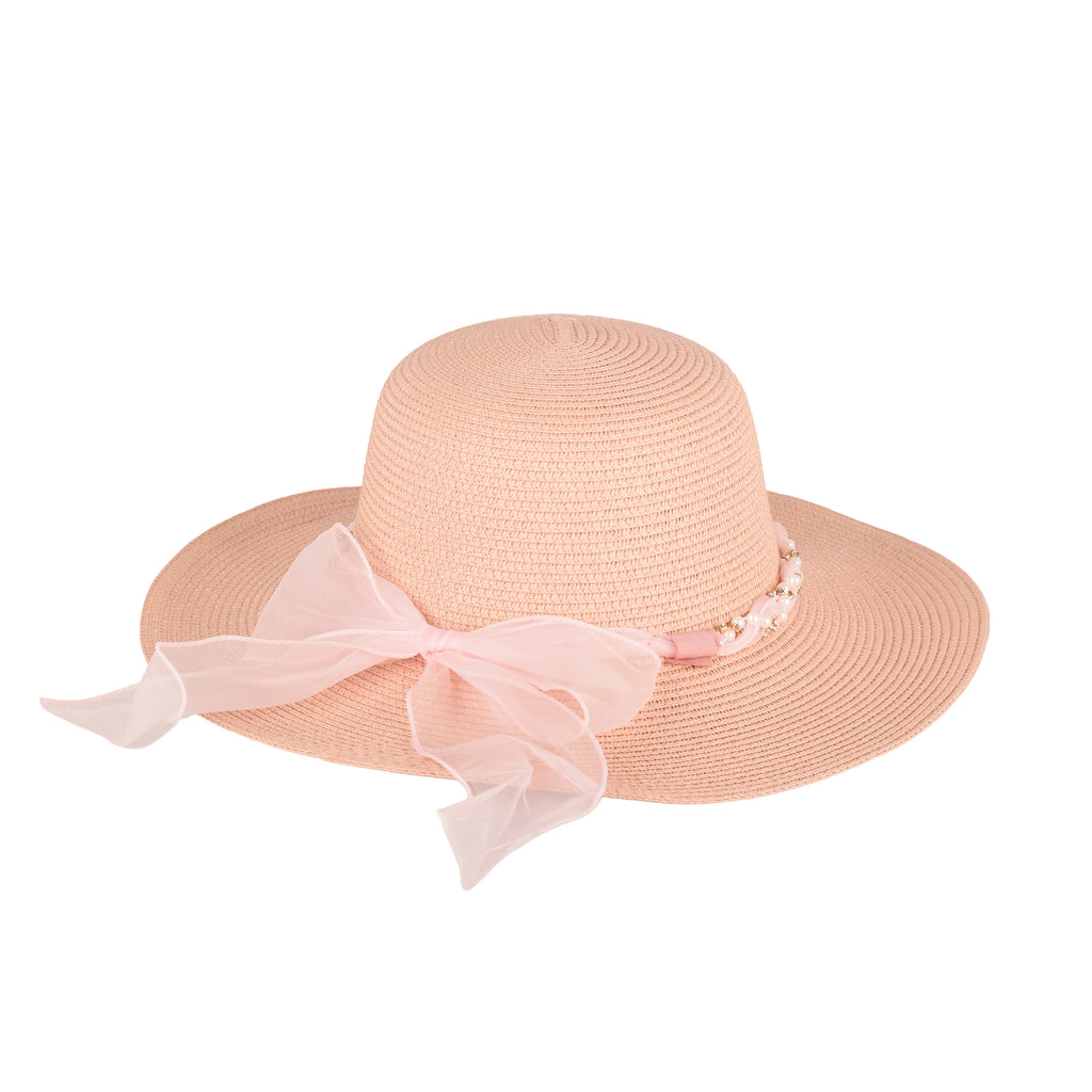 Wide brim ladies straw hat close up beaded band UV protection UK