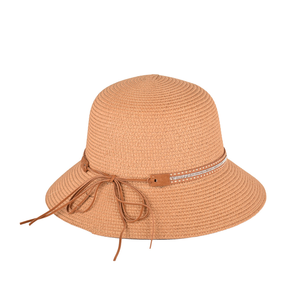 Ladies wide brim straw hat close up beaded UV protection UK