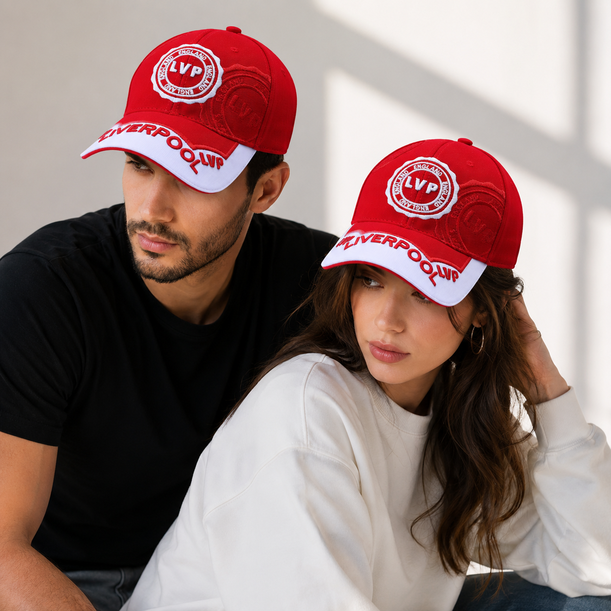 Red Liverpool supporter baseball cap with white contrast peak and raised LIVERPOOL lettering, product view 1