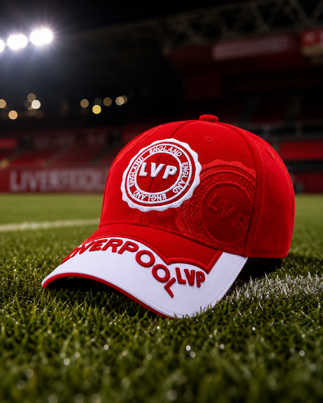 Red cotton Liverpool baseball cap with adjustable rear strap, product view 4