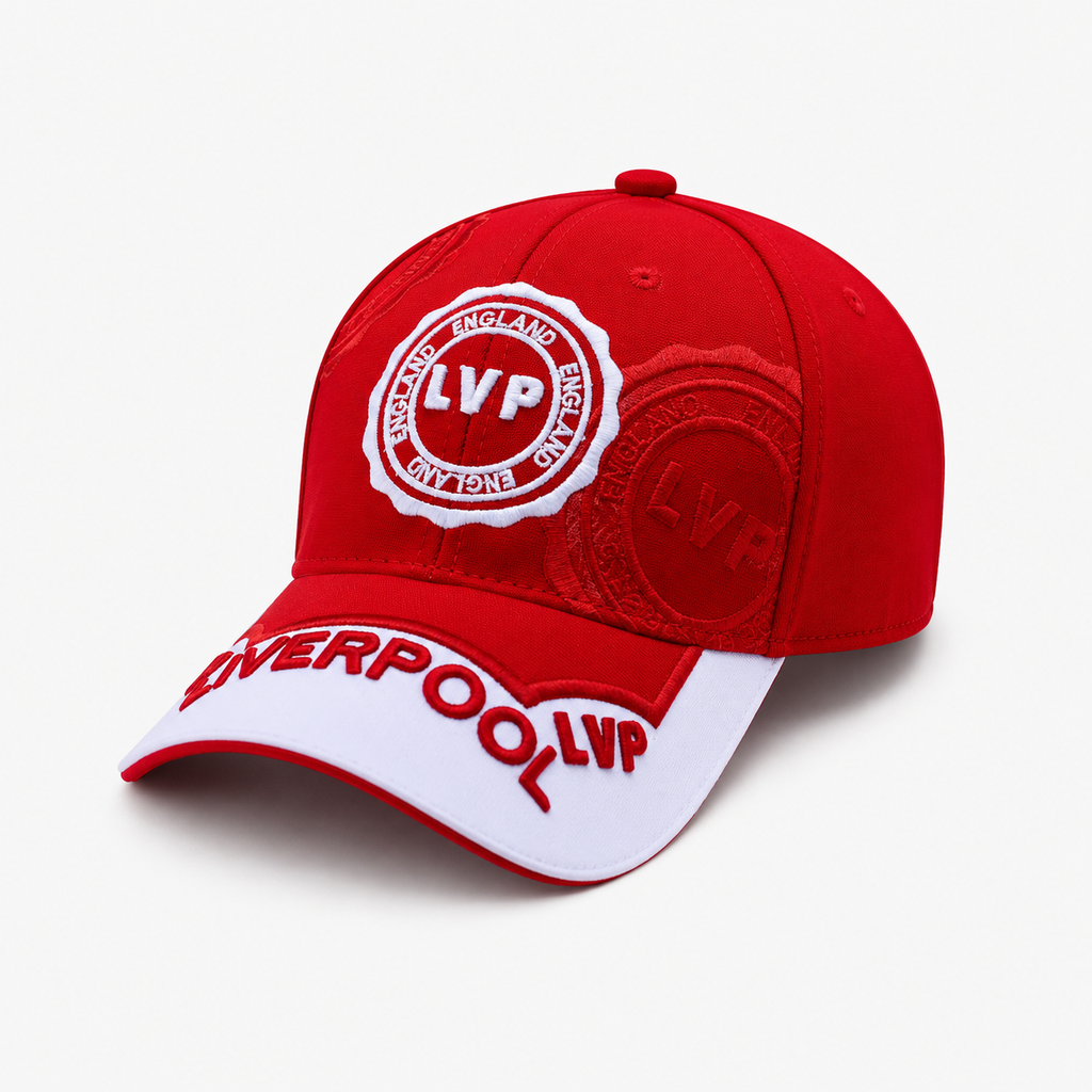 Liverpool fan baseball cap red with white peak and LIVERPOOL lettering, product view 5