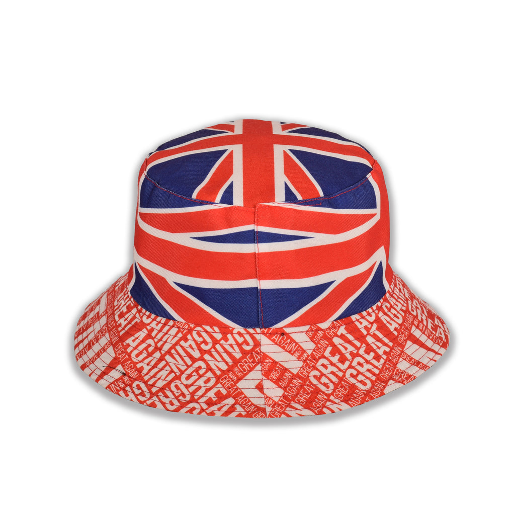 Union Jack reversible festival bucket hat worn UK Hopoye