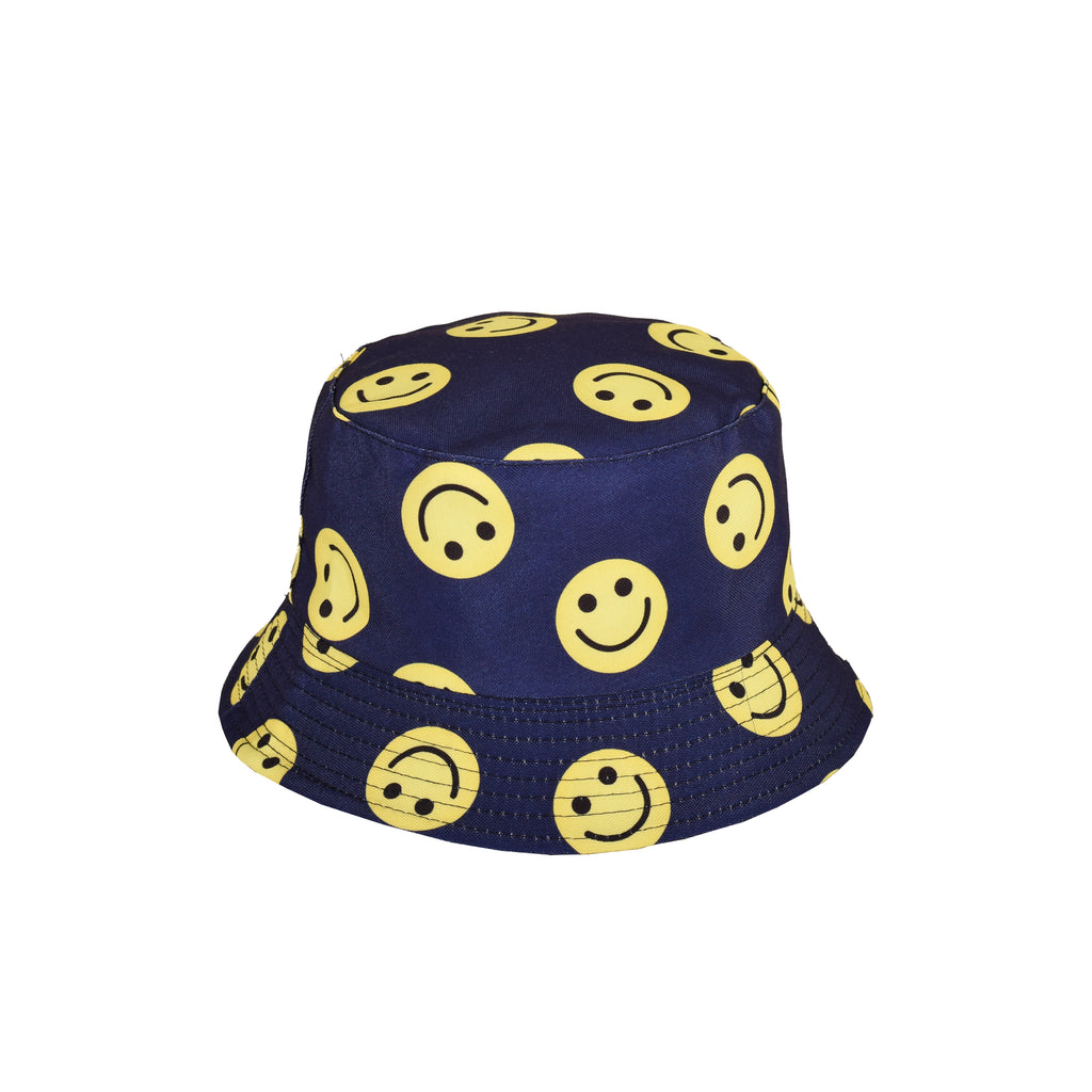 Smiley print festival bucket hat worn reversible UK Hopoye