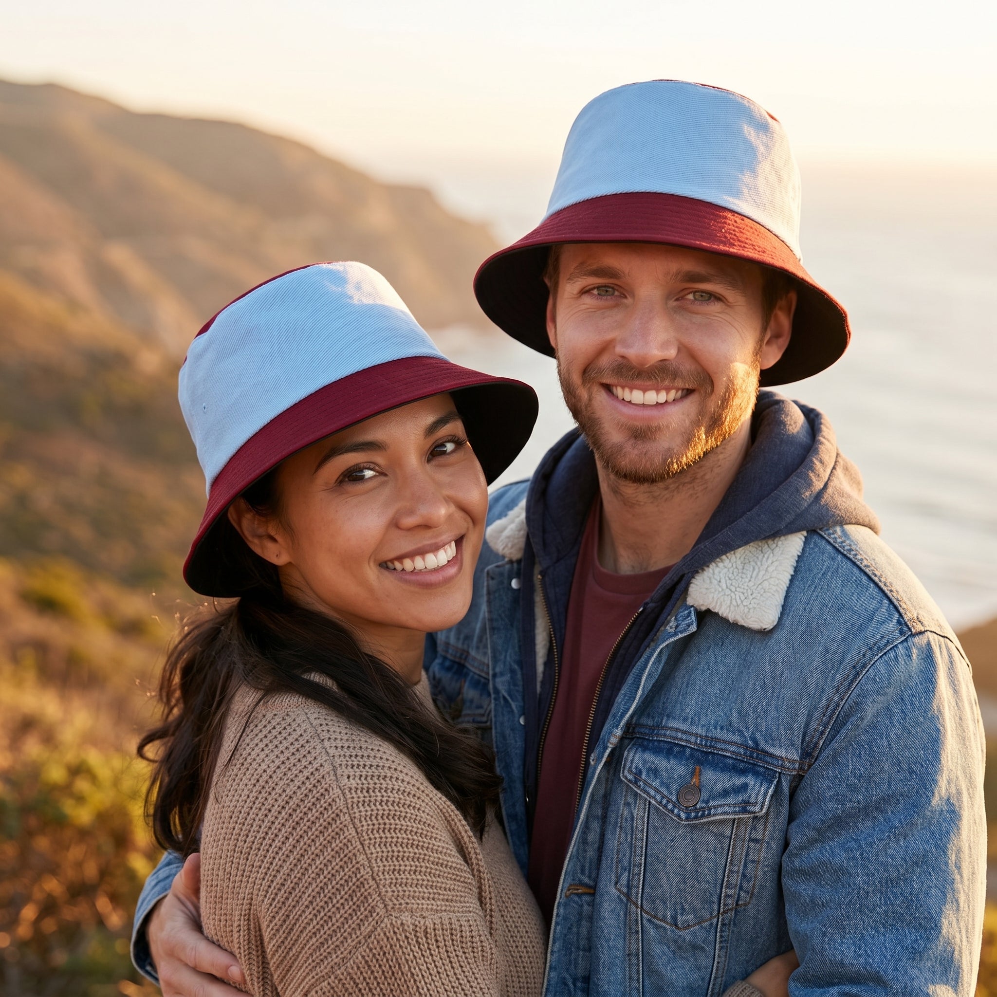 Maroon sky blue reversible bucket hat second side cotton UK Hopoye