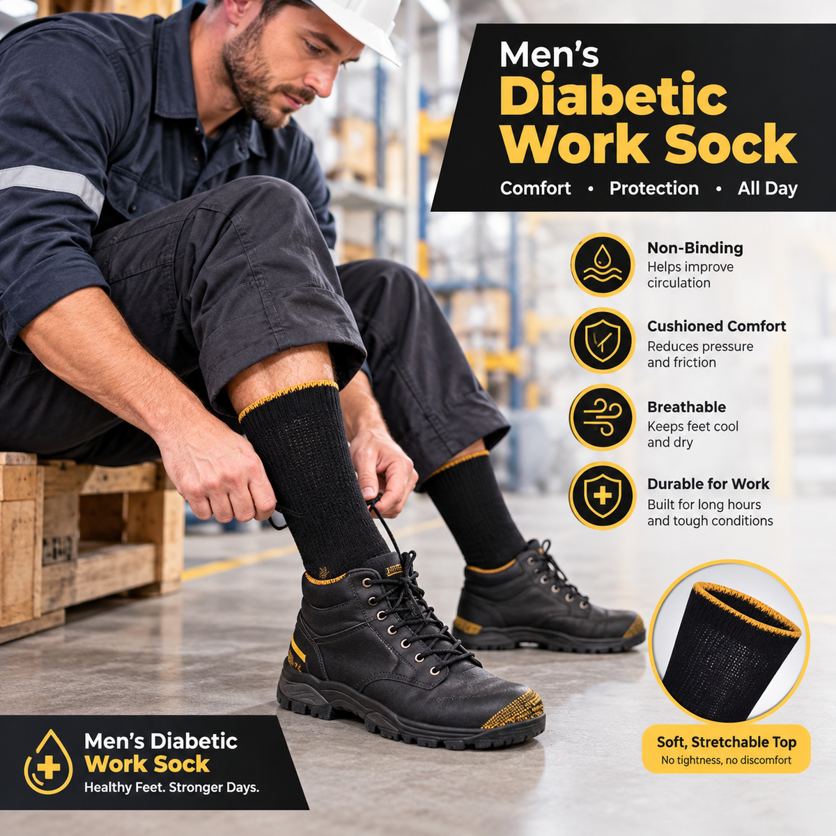 Hopoye men's diabetic work sock multipack 80% cotton black