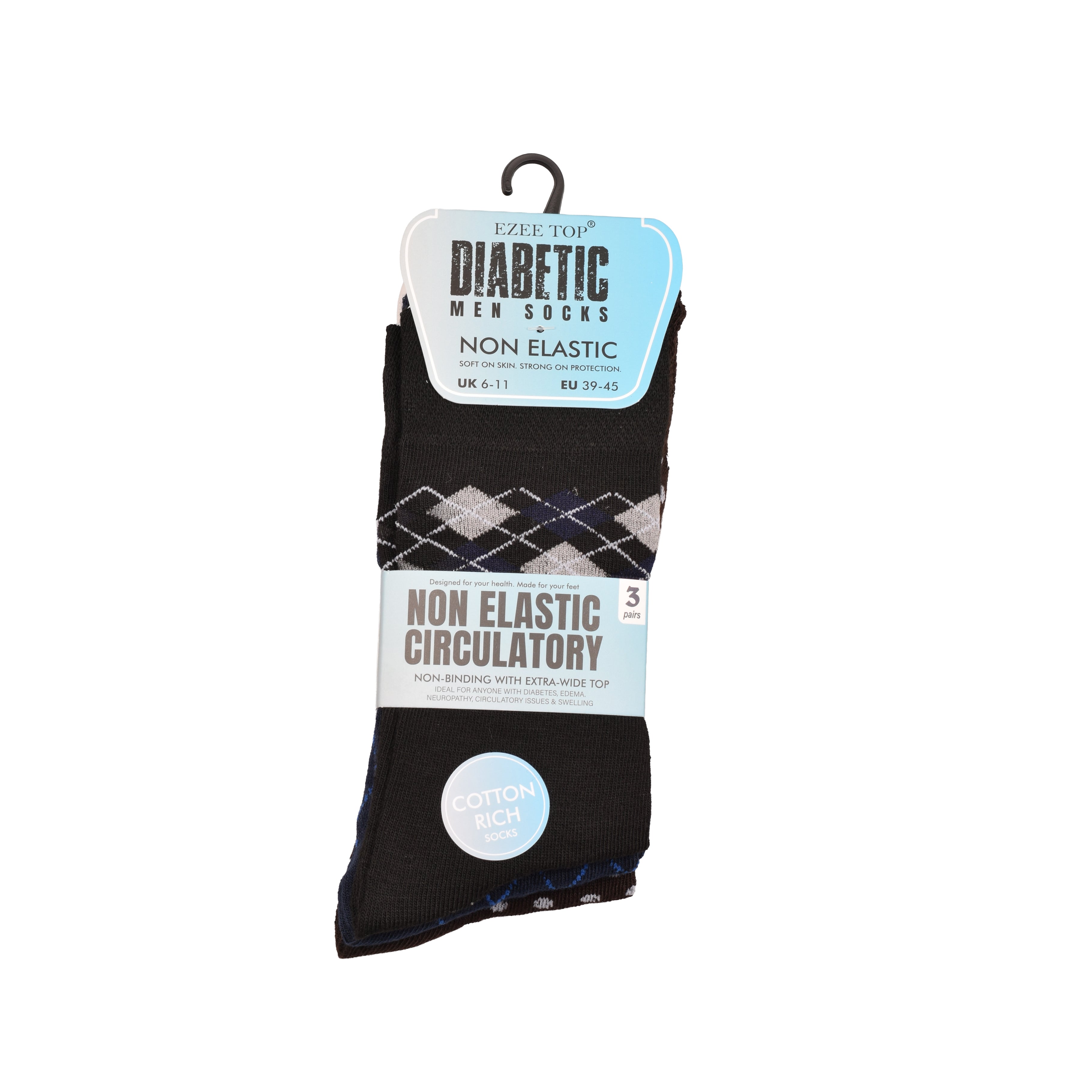 Men's Diabetic Patterned Socks Non-Binding Loose Fit | Cotton Rich Multipack 3, 6, 9 & 12 Pairs
