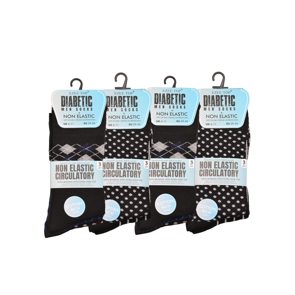 Men's diabetic patterned socks non-binding loose fit cotton rich multipack UK Hopoye