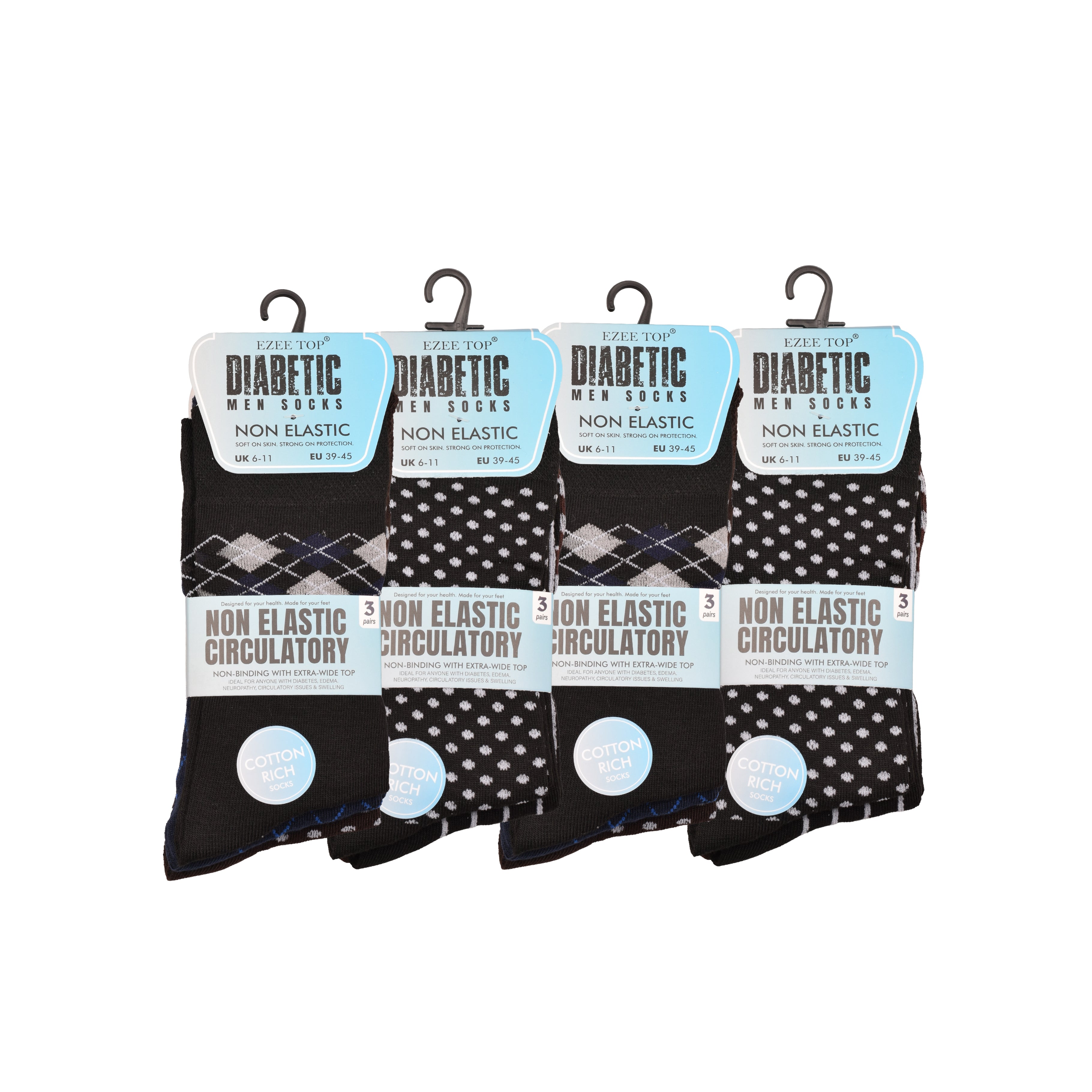 Men's diabetic patterned socks non-binding loose fit cotton rich multipack UK Hopoye