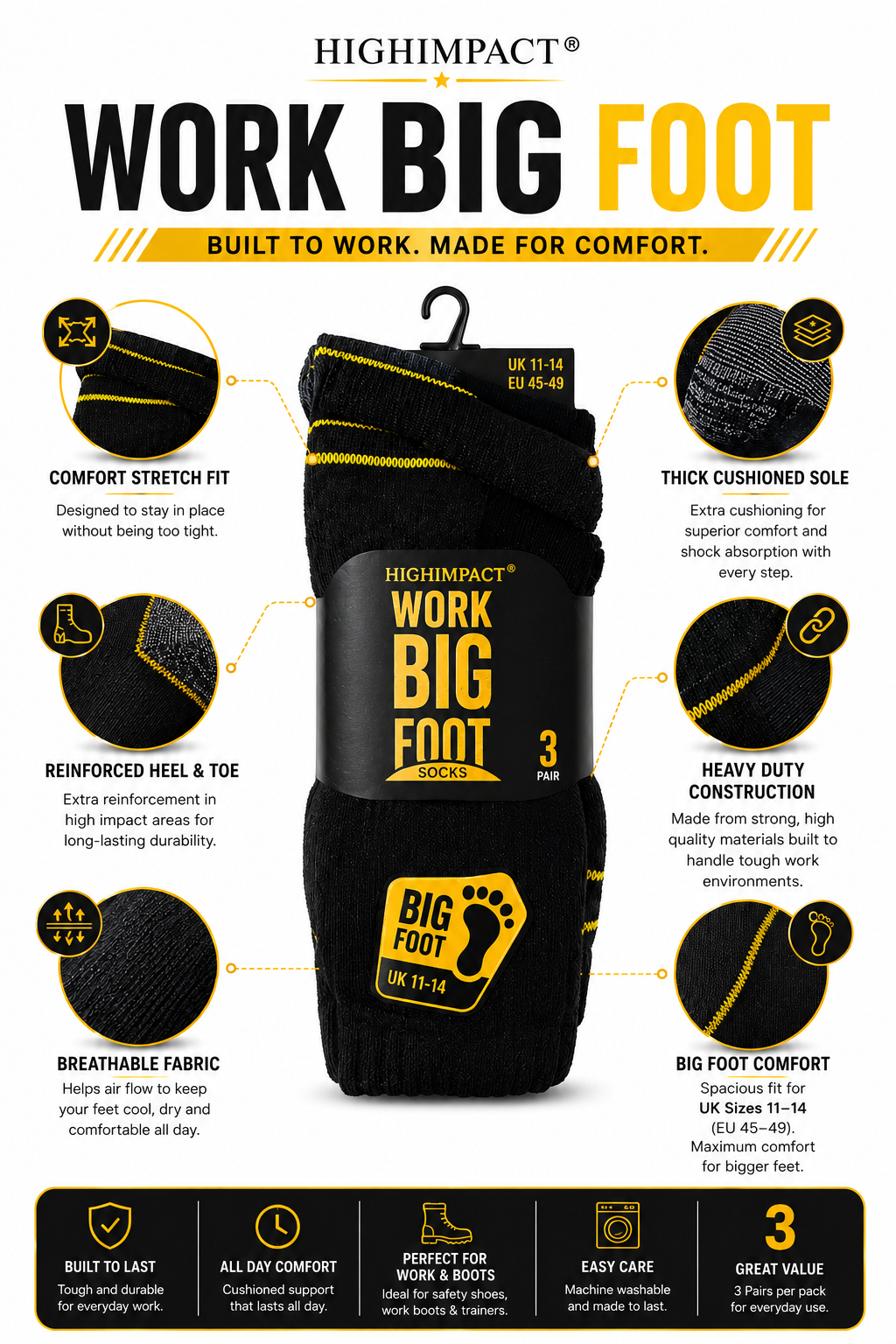 Men's big foot work socks UK size 11-14 breathable cotton heavy duty multipack Hopoye