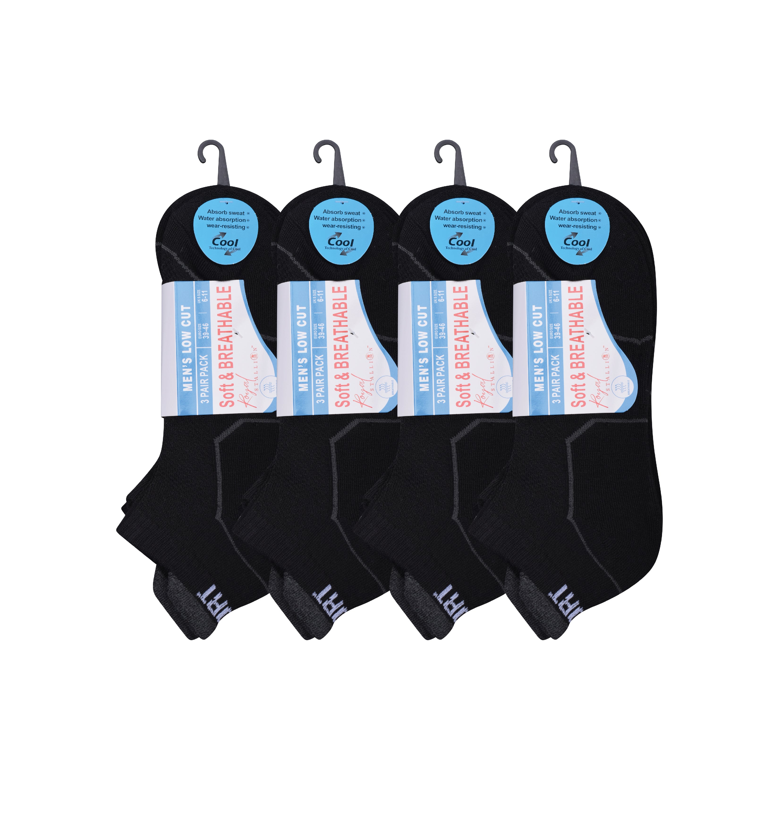 Men's black cushioned trainer socks breathable cotton multipack UK Hopoye