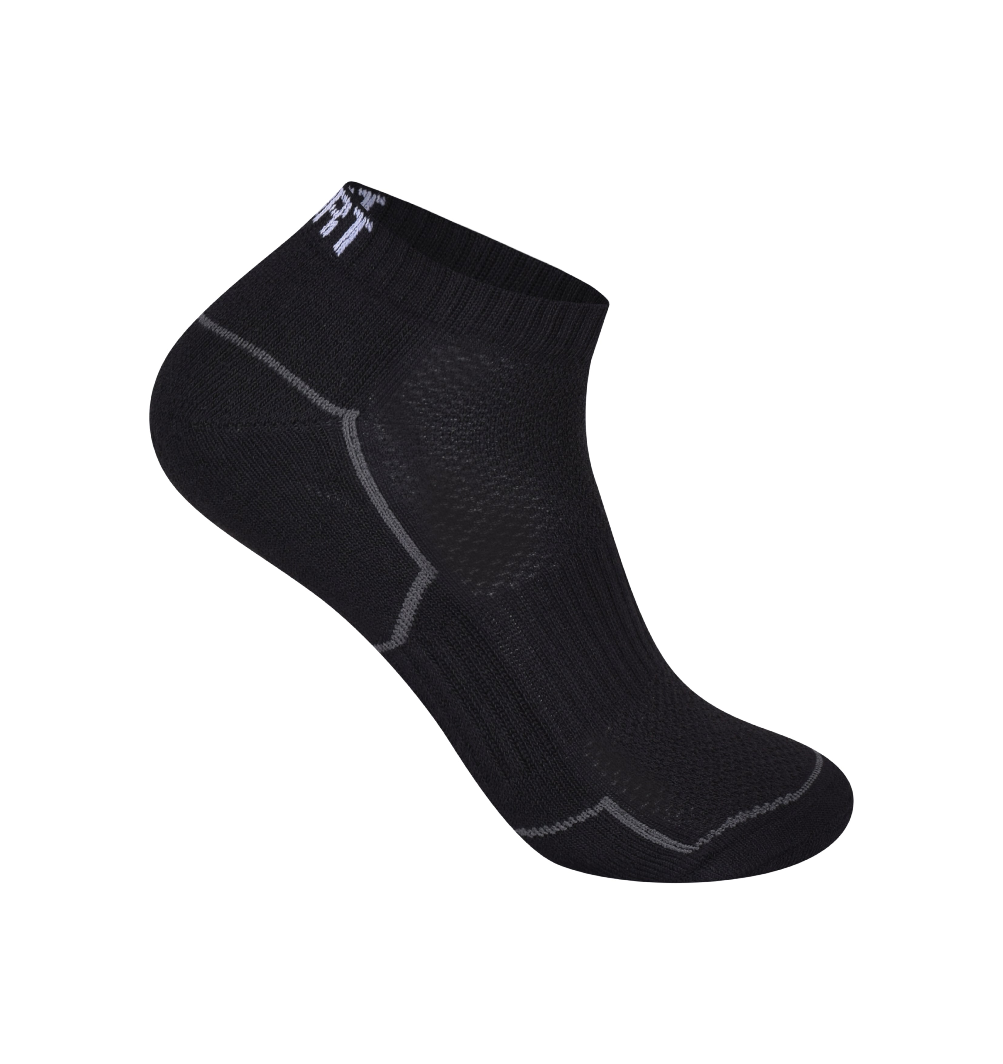Men's black cushioned trainer socks close up reinforced heel toe UK