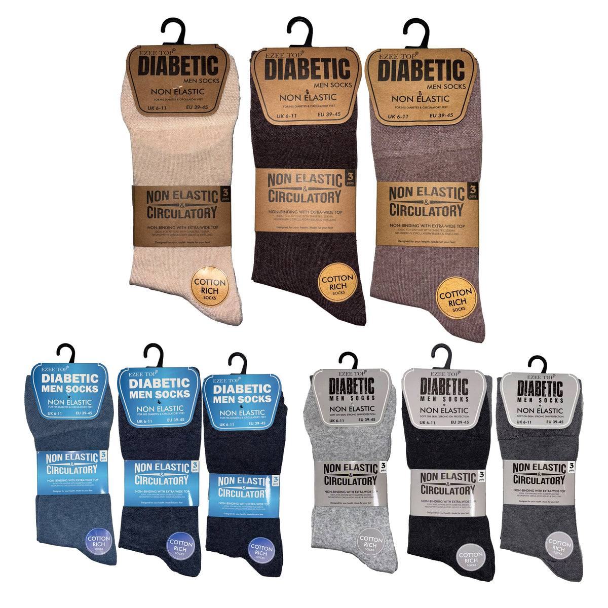 Men's cotton-rich diabetic socks smart brown grey blue shades for suits Hopoye UK