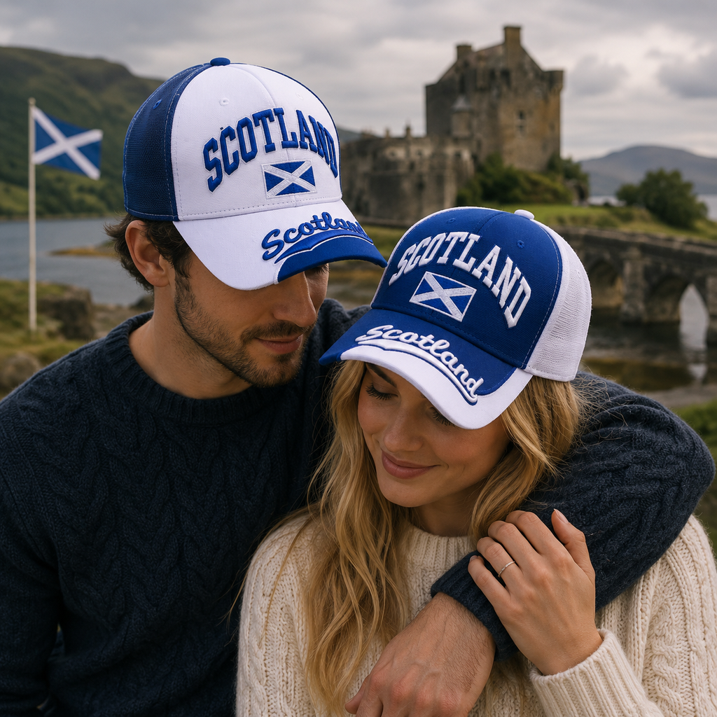 Scotland fan wearing embroidered Saltire 6 panel baseball cap