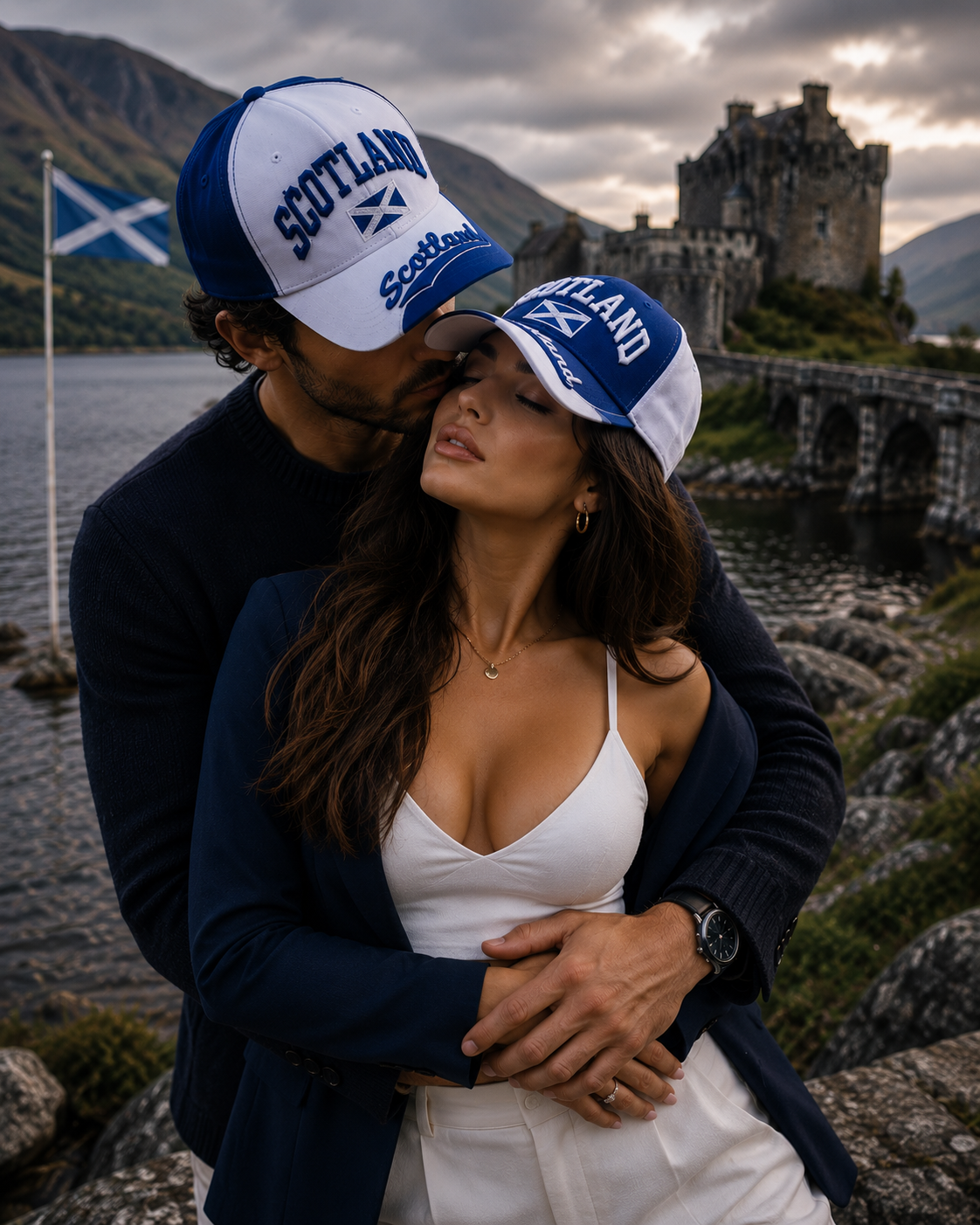 Model wearing Scotland Saltire embroidered baseball cap outdoors