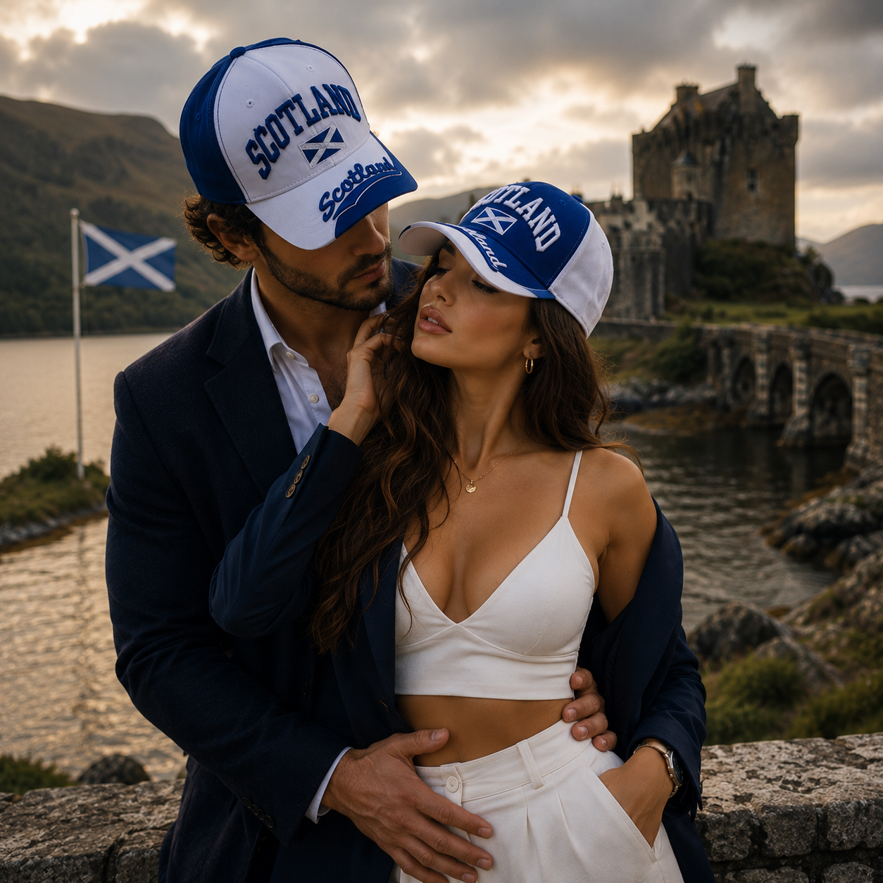 Model in blue and white Scotland flag baseball cap — side profile