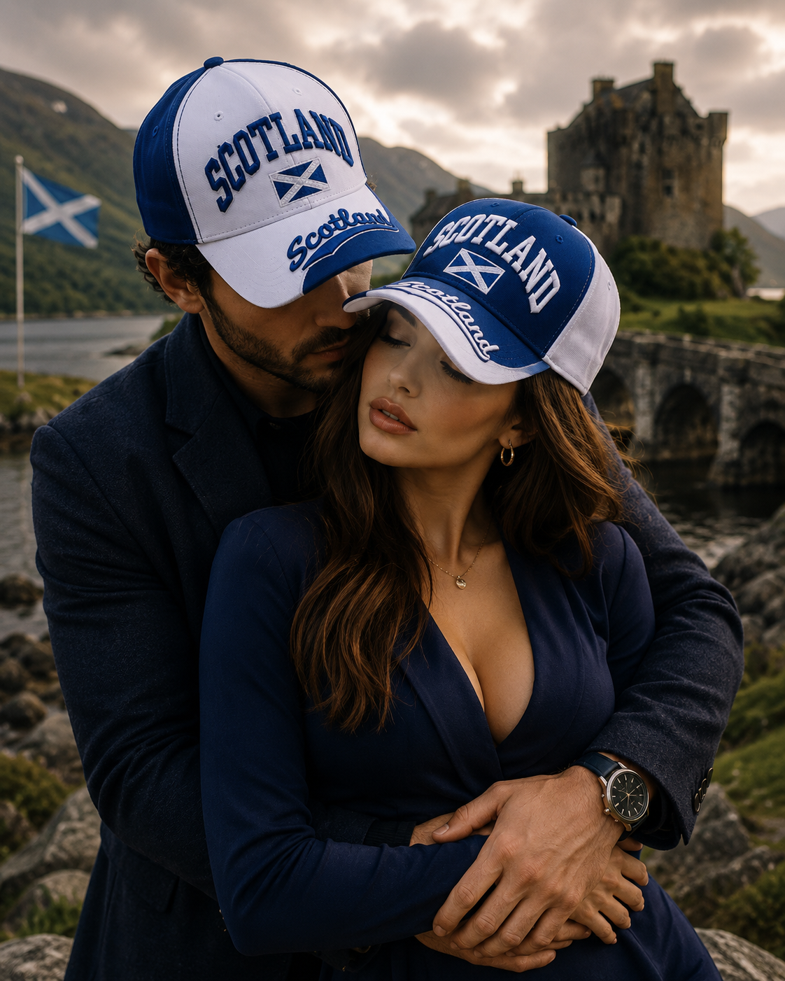 Model wearing white and blue Scottish Saltire baseball cap in sunshine