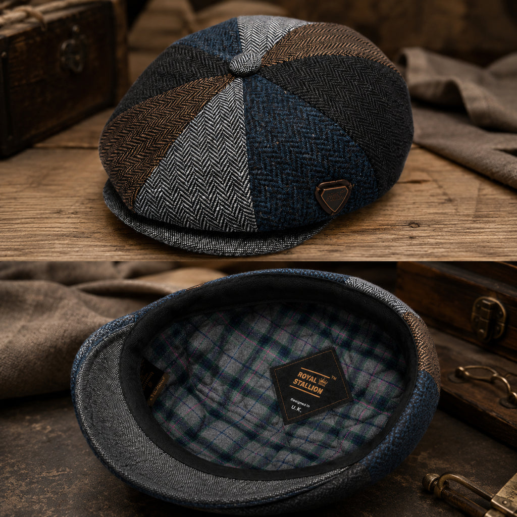Unisex check patchwork newsboy cap with short peak