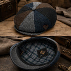 Unisex check patchwork newsboy cap with short peak