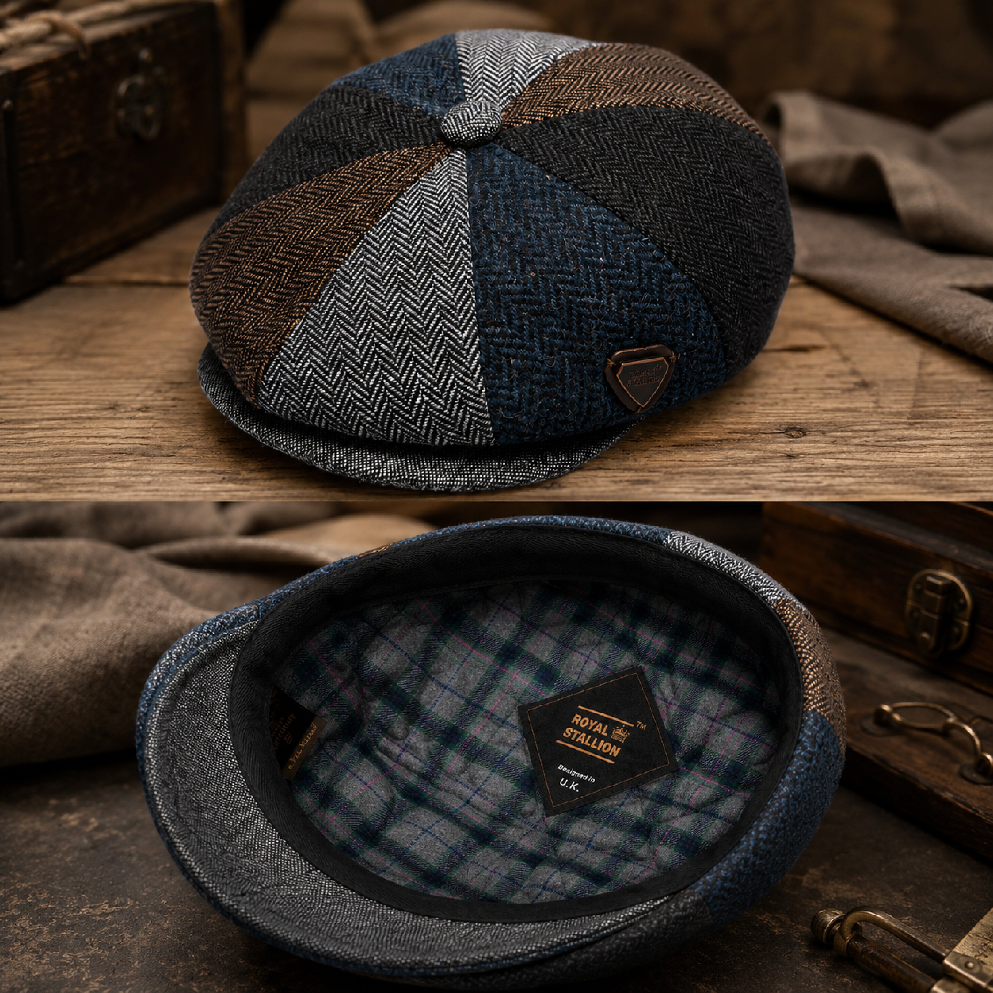 Unisex check patchwork newsboy cap with short peak