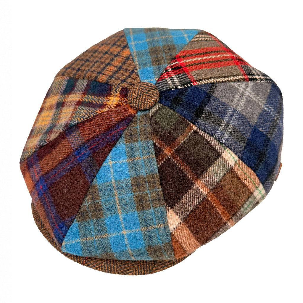 Multi check patchwork newsboy cap with vintage detailing