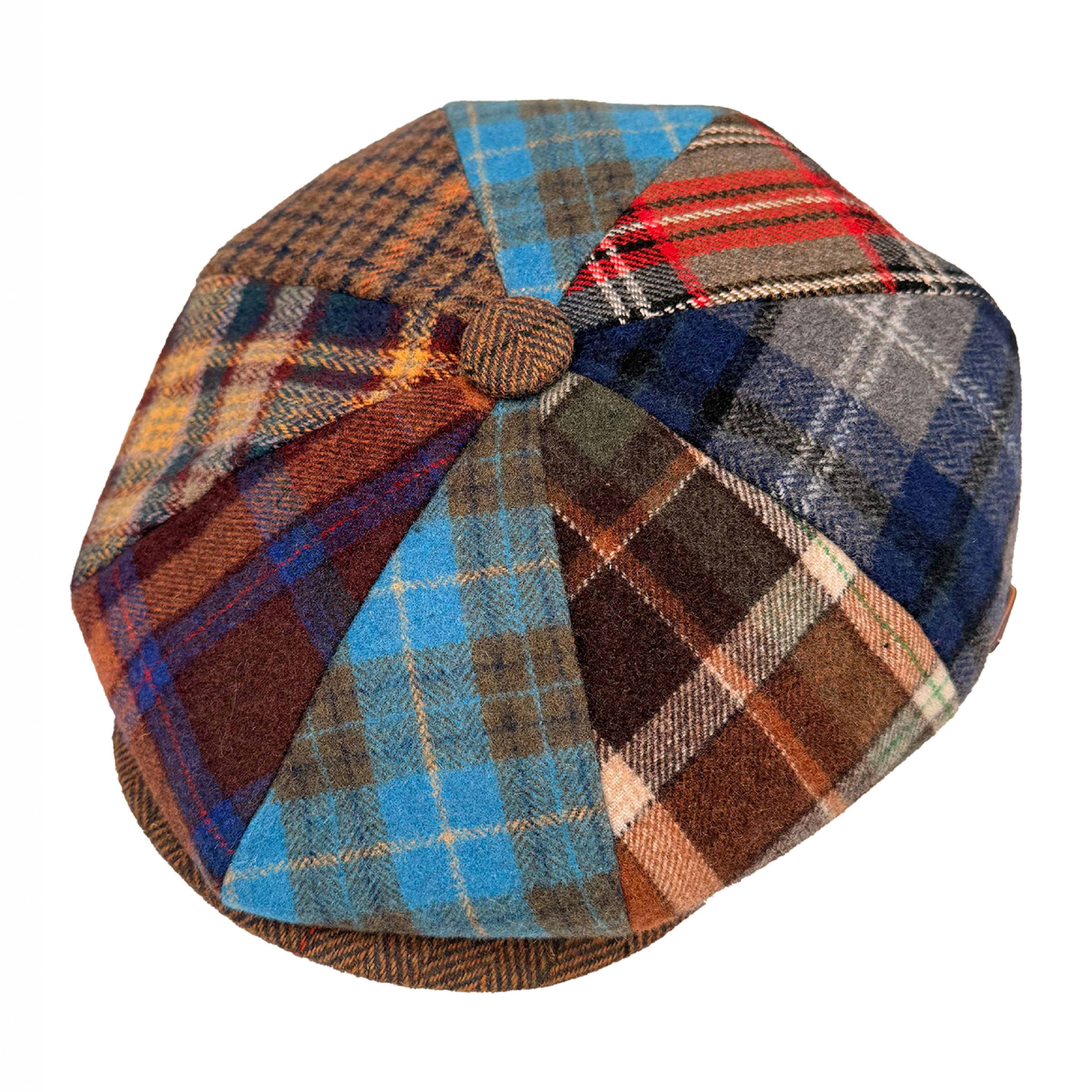 Multi check patchwork newsboy cap with vintage detailing