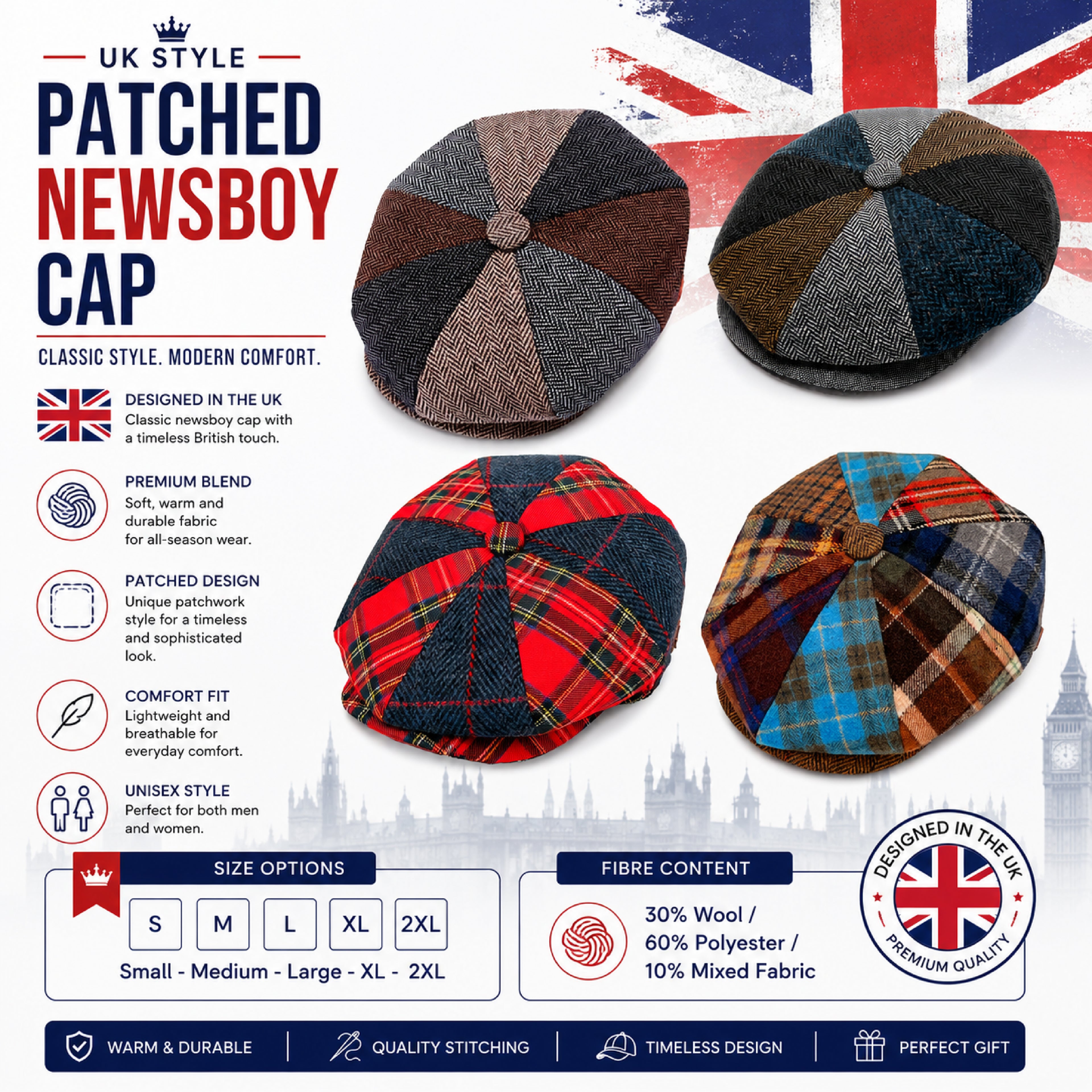 Multi check patchwork Gatsby cap with button-top crown