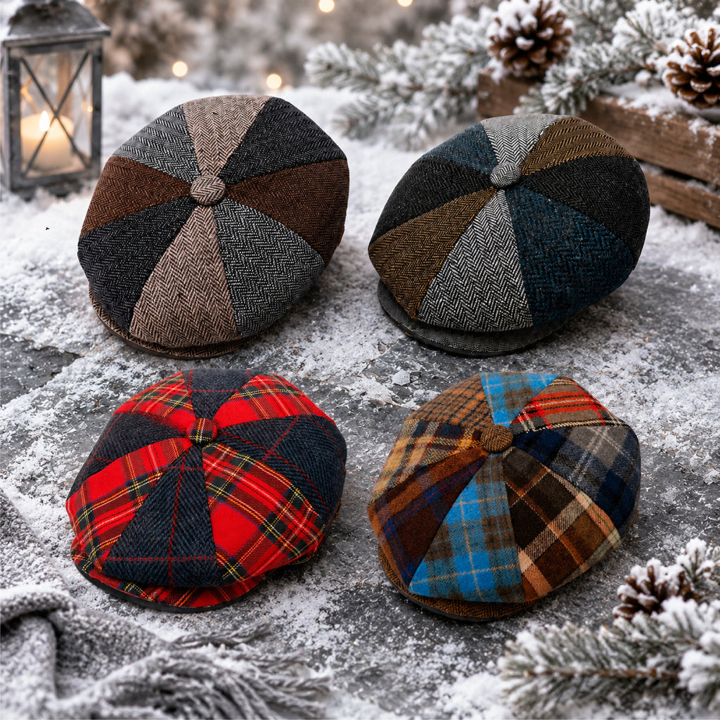 Rounded panelled flat cap in check patchwork fabric