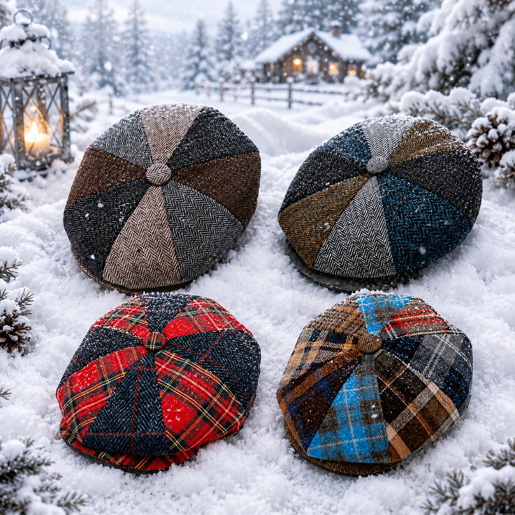 Multi check patchwork baker boy hat with peaked front