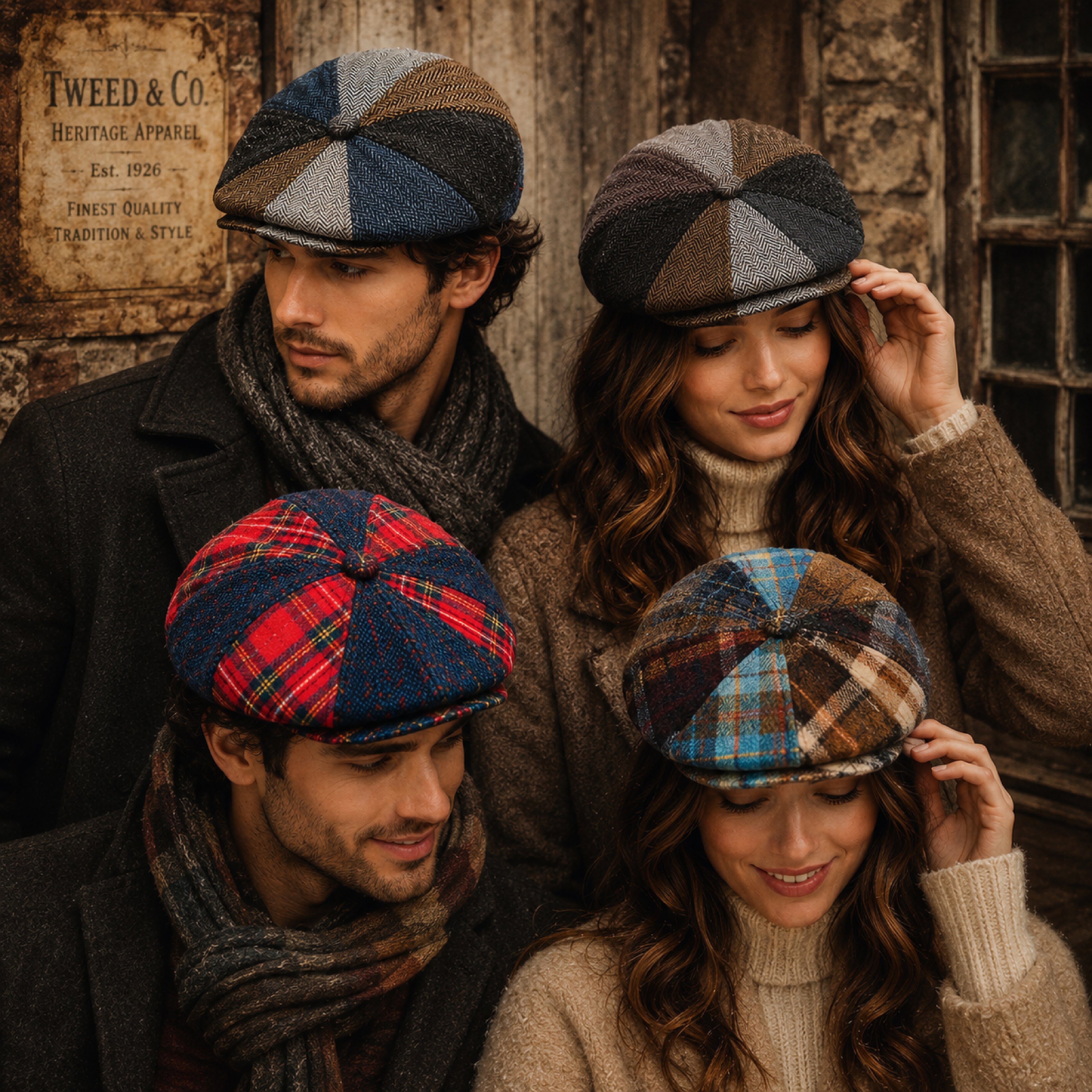 Vintage flat cap in multi-check patchwork fabric