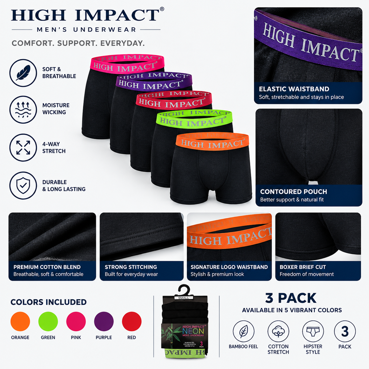 Hopoye men's neon band super soft stretchy trunks, photo 3