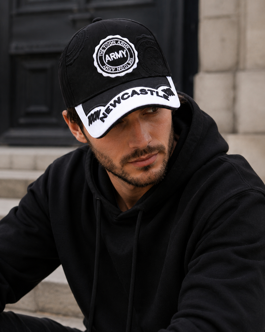 Black Newcastle supporter baseball cap with Toon Army crest embroidery, product view 2