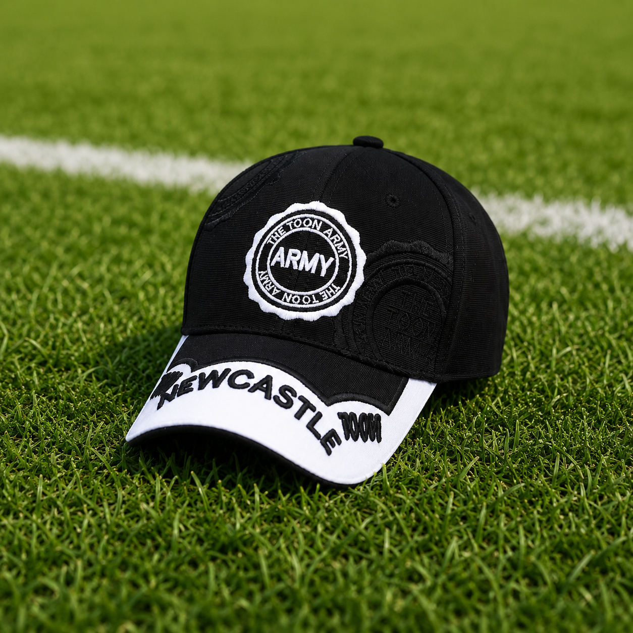 Black cotton Newcastle football supporter cap with adjustable rear strap, product view 4