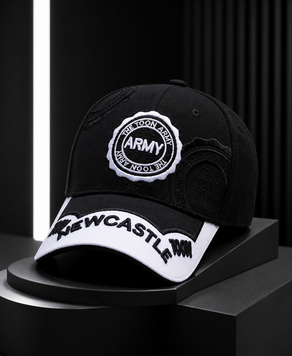 Newcastle black baseball cap with white peak and NEWCASTLE lettering, product view 5
