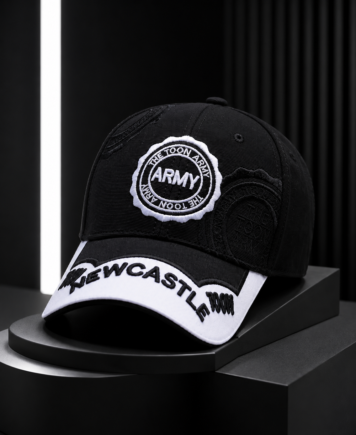 Newcastle black baseball cap with white peak and NEWCASTLE lettering, product view 5