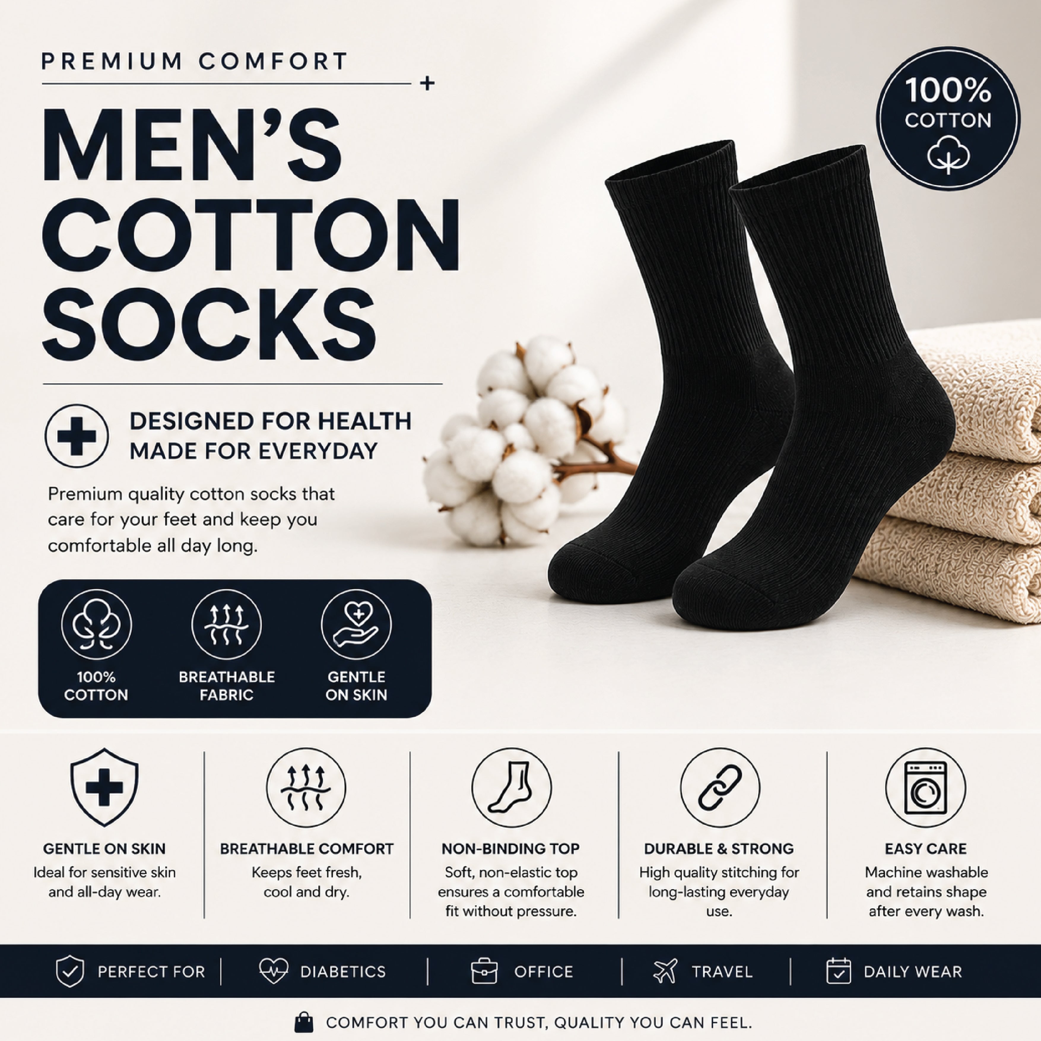 Loose top diabetic socks for swollen ankles and sensitive skin, 100% cotton by Hopoye