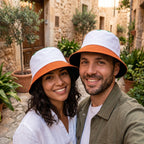 Orange white green reversible bucket hat second side worn UK Hopoye