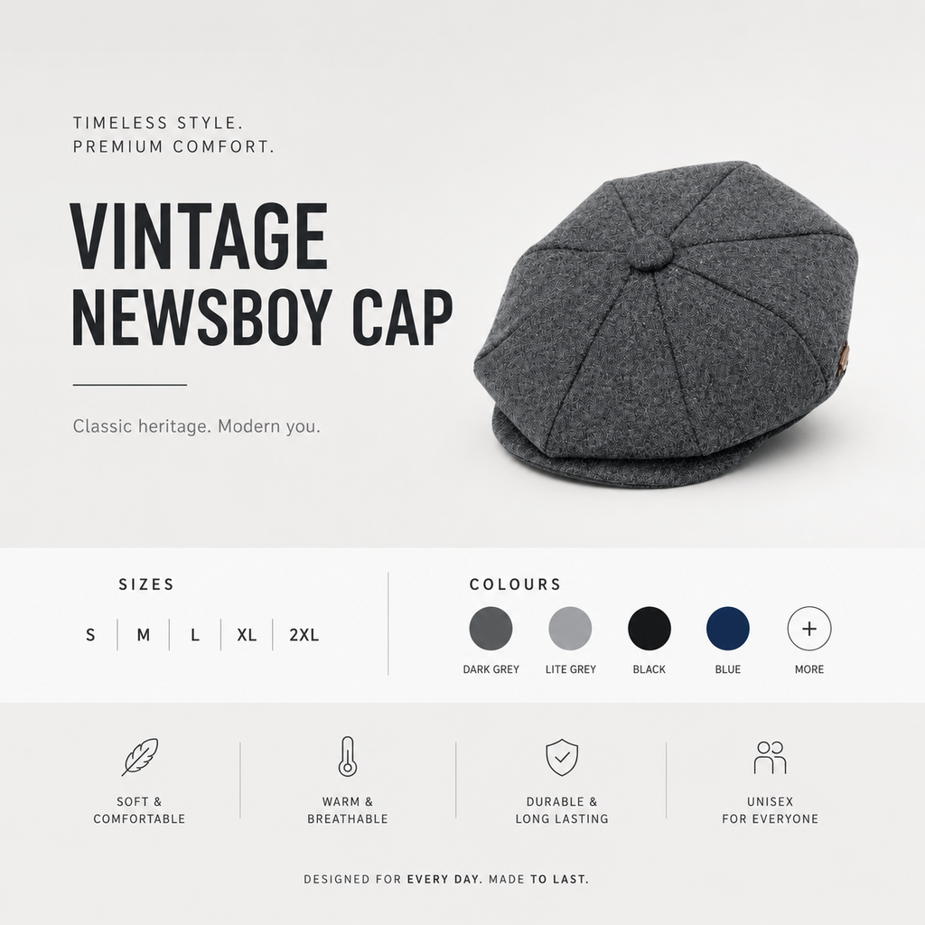Premium plain baker boy hat — classic vintage newsboy cap UK