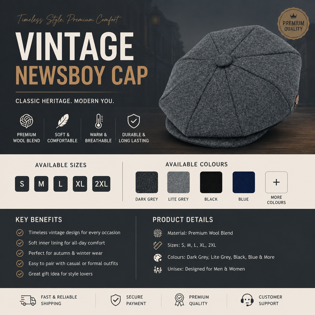 Plain 8-panel cap — vintage baker boy newsboy hat detail shot