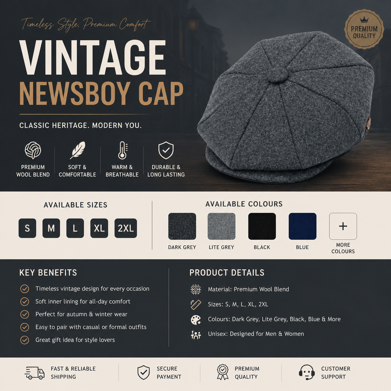 Plain 8-panel cap — vintage baker boy newsboy hat detail shot
