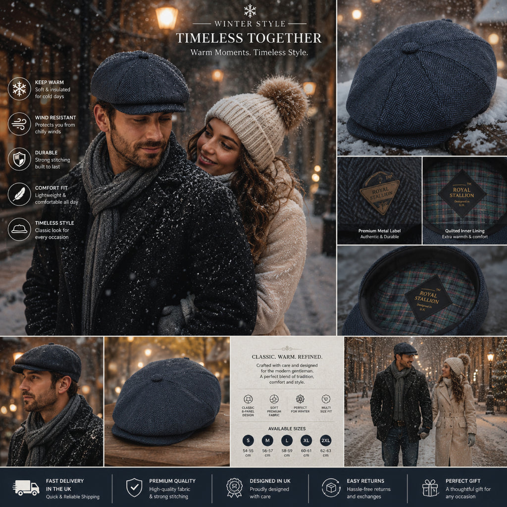 Vintage herringbone baker boy newsboy cap, product photo 3