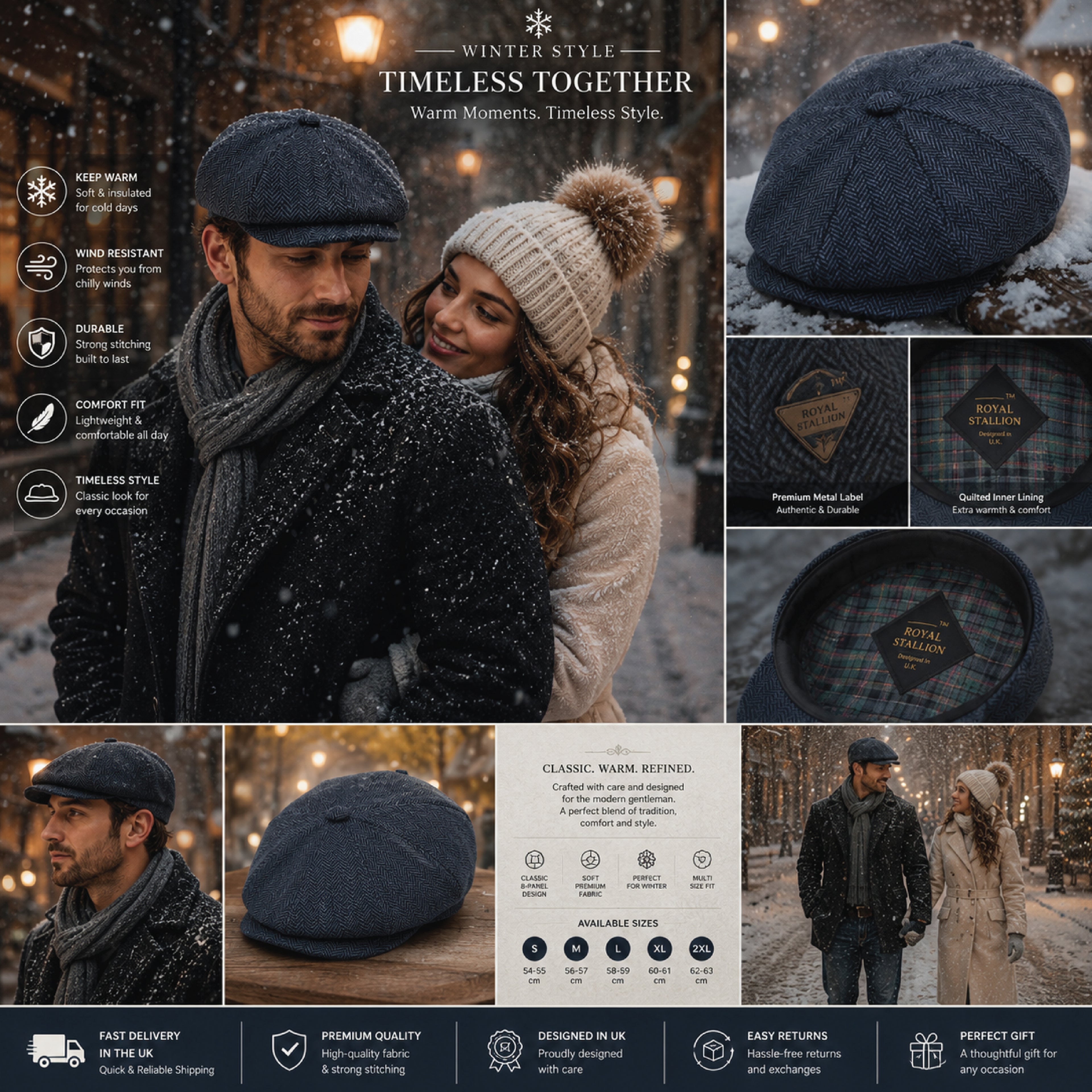 Vintage herringbone baker boy newsboy cap, product photo 3