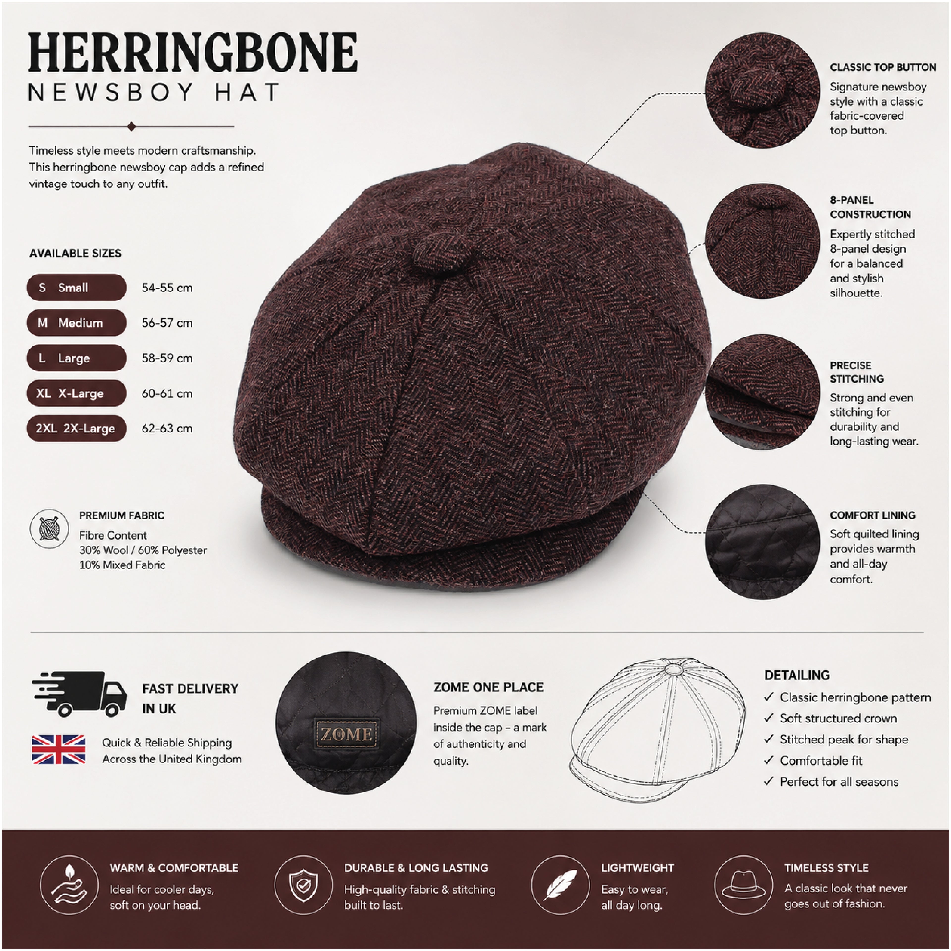 Vintage herringbone baker boy newsboy cap, product photo 6