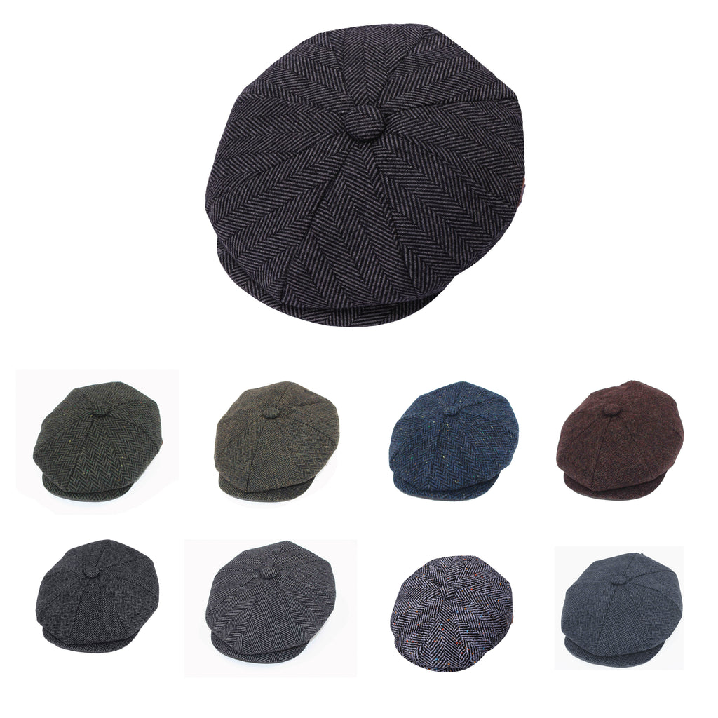 Plain vintage herringbone baker boy hat, classic 8 panel newsboy cap in wool blend, main product view