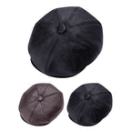 Premium PU faux-leather baker boy hat shown front-on, an 8-panel newsboy cap with a short stitched peak