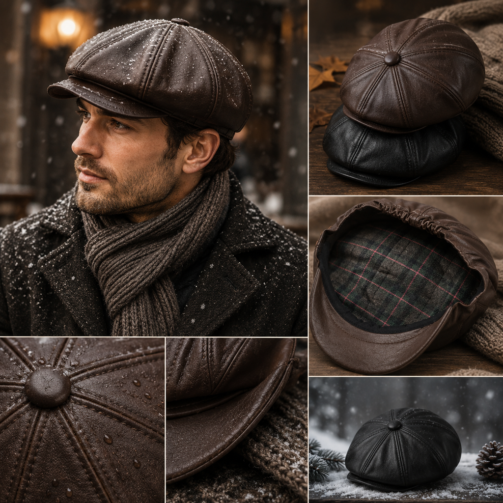 Close-up of the faux-leather newsboy cap detail, with topstitched panels meeting a covered button at the crown