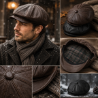 Close-up of the faux-leather newsboy cap detail, with topstitched panels meeting a covered button at the crown