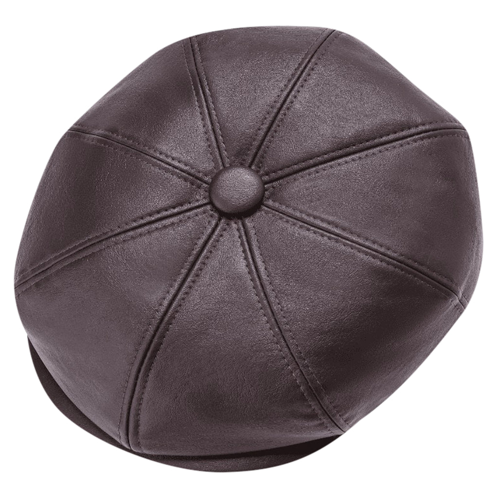 PU leather newsboy cap angled to show the peak and panelled crown